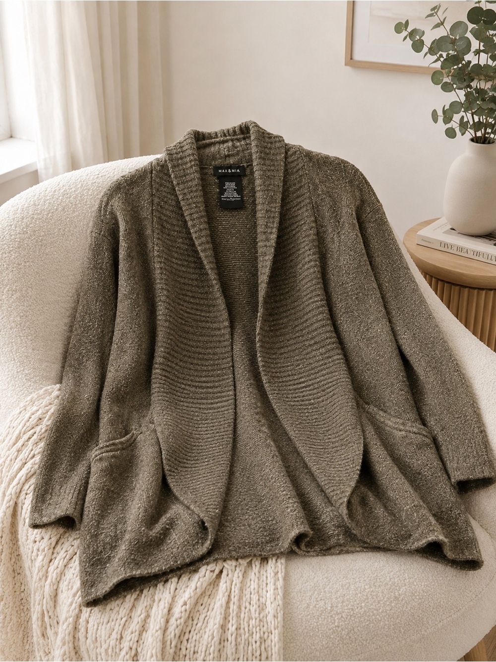 Max & Mia XL Olive Open Front Longline Cardigan Sweater Pockets Cozy Knit